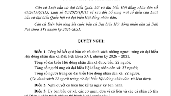 Công bố kết quả bầu cử và danh sách những người trúng cử đại biểu HĐND xã Đăk Pék khóa XVI, nhiệm kỳ 2026–2031